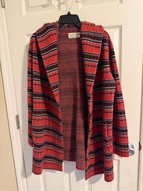 Field Flower Wool Red Striped Hooded Open-Front Coatigan